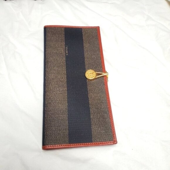 RARE Vtg FENDI Pequin Stripe Clasp Wallet Cognac - Picture 1 of 12